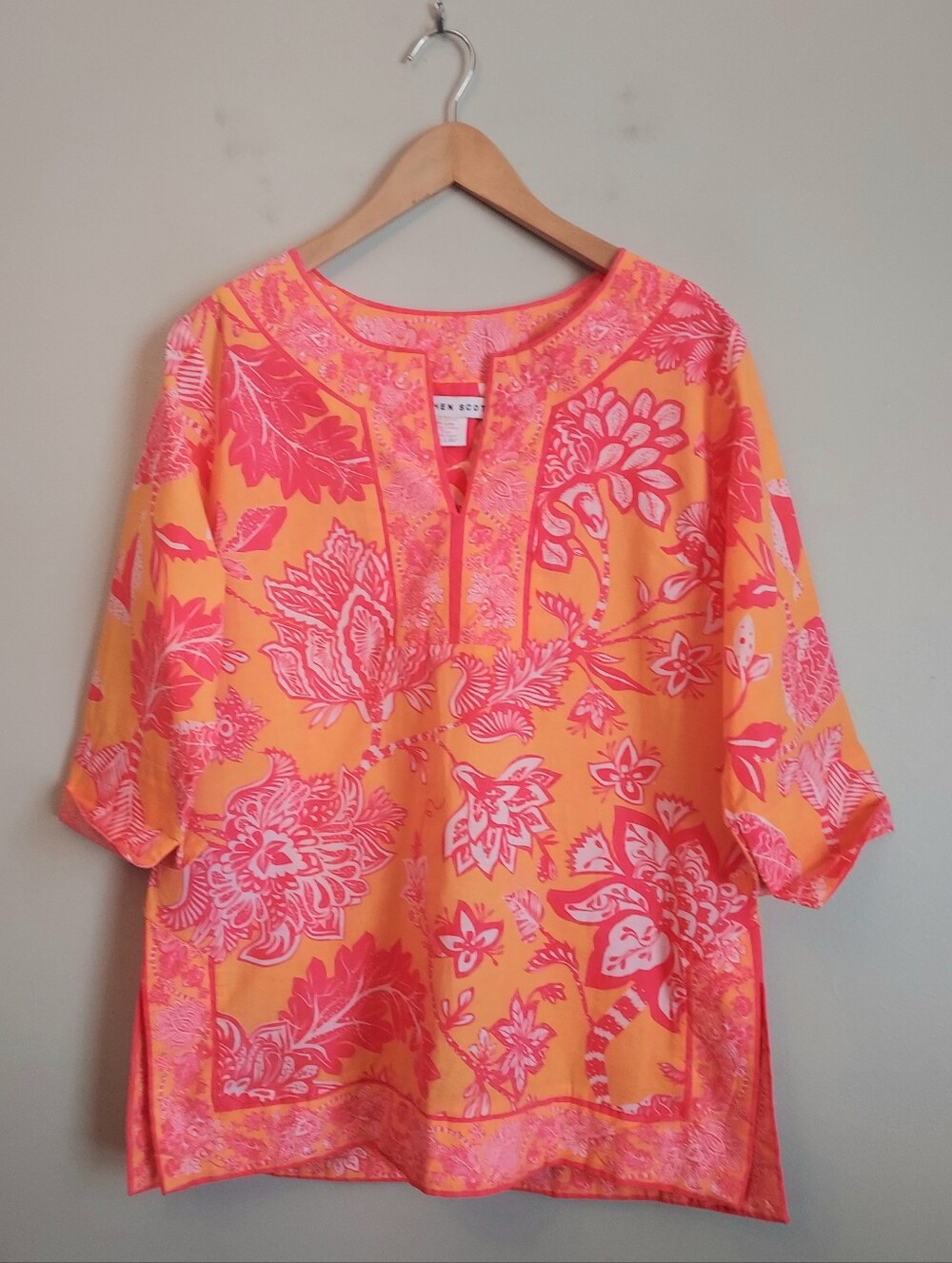 Gretchen Scott Tunic Blouse Top Size Small Orange Pink Resort Preppy - Picture 2 of 11